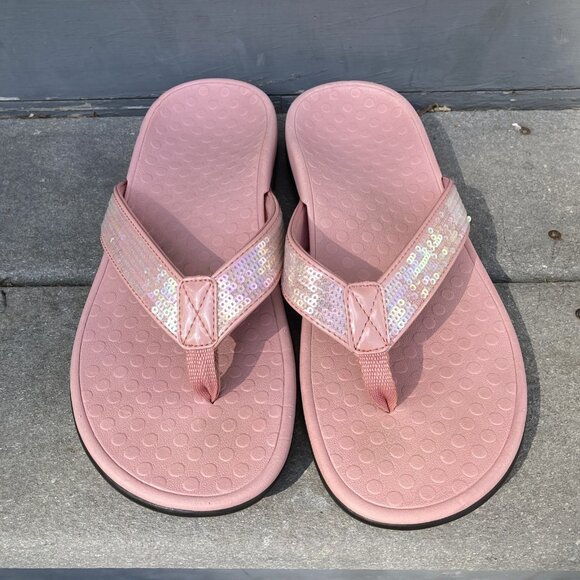 Vionic Tide Flip Flop Sandals, Size 8, Pink Sequins Thong Style Orthotic - Picture 1 of 6